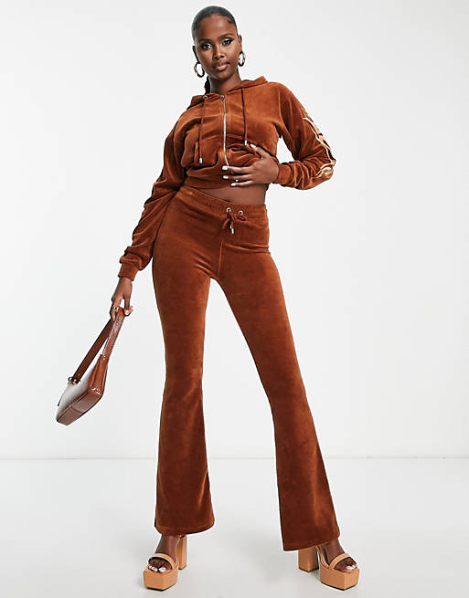 ASYOU embroidered velour flare pants in tan - part of a set