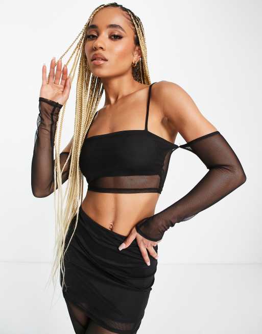 ASYOU exposed seam mesh bardot top in black (part of a set)