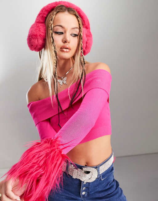 ASYOU faux fur cuff bardot knitted crop top in hot pink