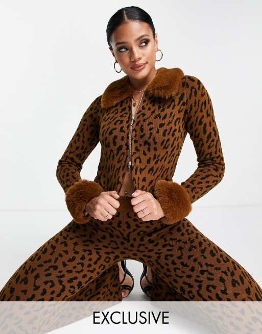 ASYOU faux fur trim cardigan in leopard print (part of a set)