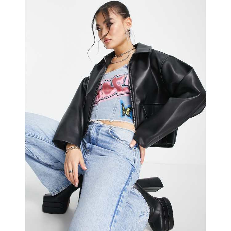 Asos cropped leather on sale jacket