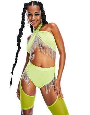 Asyou Festival Cross Front Halter Top With Diamante Trim In Lime - Part Of A Set-green