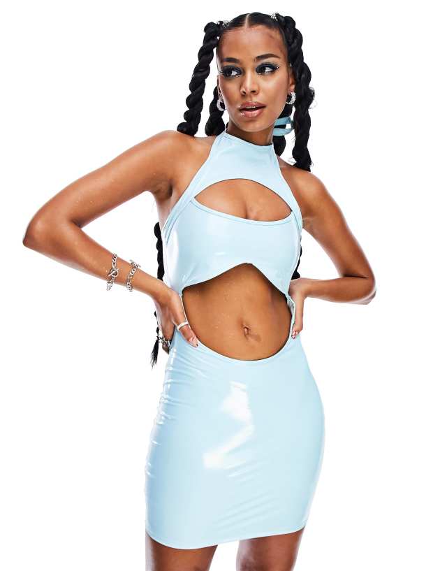 ASYOU festival cut out vinyl bikini insert mini dress in aqua