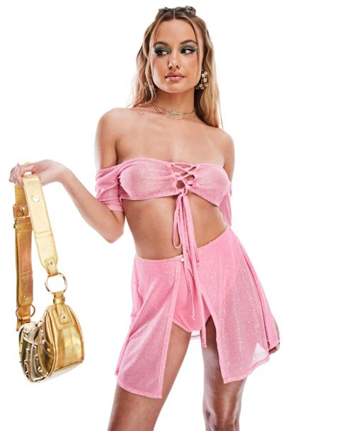Ei8th Hour flare sleeve satin corset top co-ord in pink