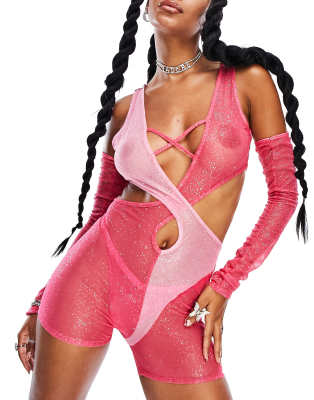 Asyou Festival Glitter Mesh Cross Front Unitard In Pink-multi