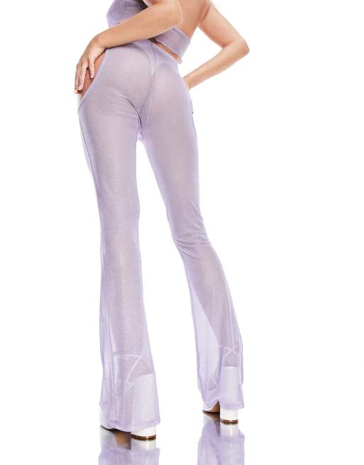 ASYOU festival glitter mesh cut out flare pants in lilac (part of