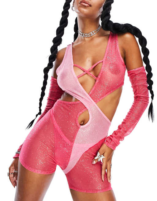 ASYOU – Festival – Rosa unitard i glittrig mesh med korsad design