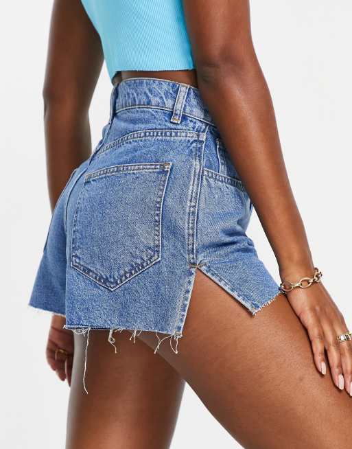 ASYOU fluted split hem denim short in mid blue