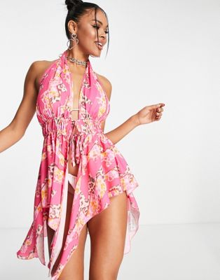 ASYOU flutter plunge beach cover up co-ord in splice animal print