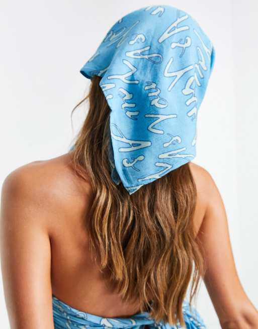 ASYOU - Foulard per capelli blu acqua con monogrammi, 3 di 4