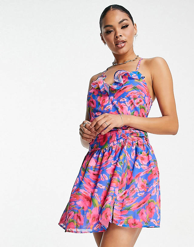 ASYOU frill edge plunge ruched mini dress in floral print