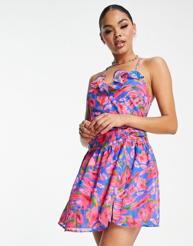 ASYOU frill edge plunge ruched mini dress in floral print