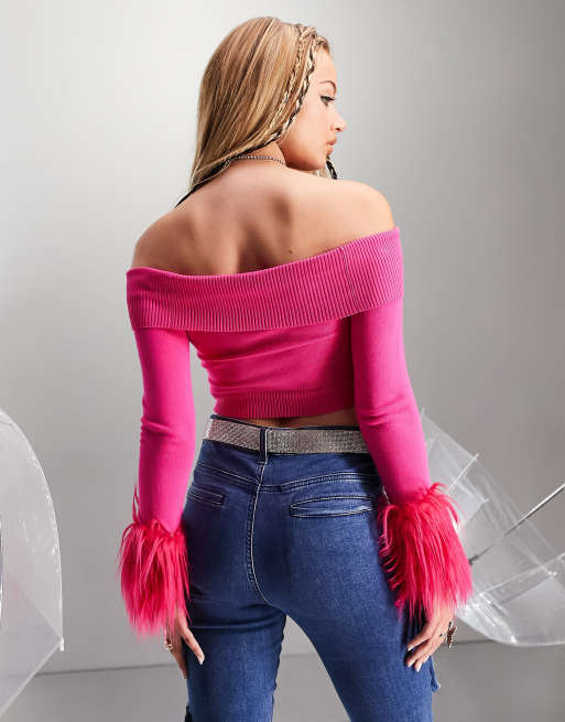 ASYOU fur cuff bardot knitted crop top in hot pink