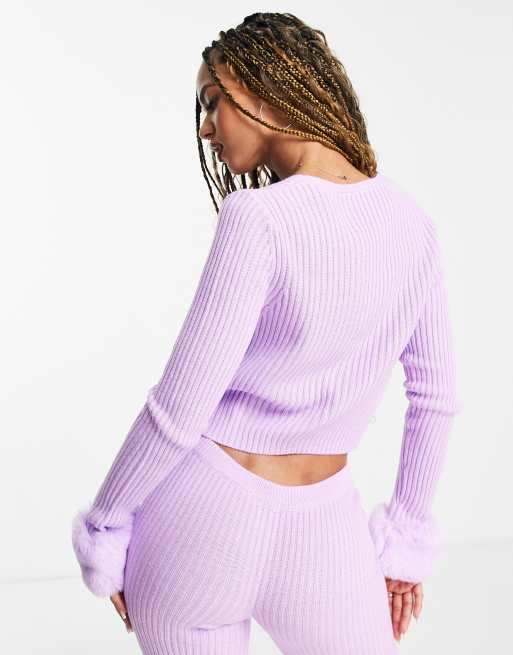 ASYOU fur trim cardigan in lilac (part of a set), 2 of 4