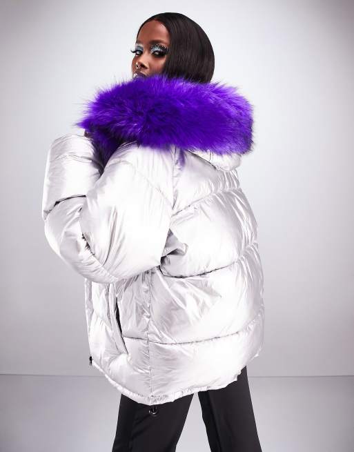 Silver puffer jacket with fur hood sale