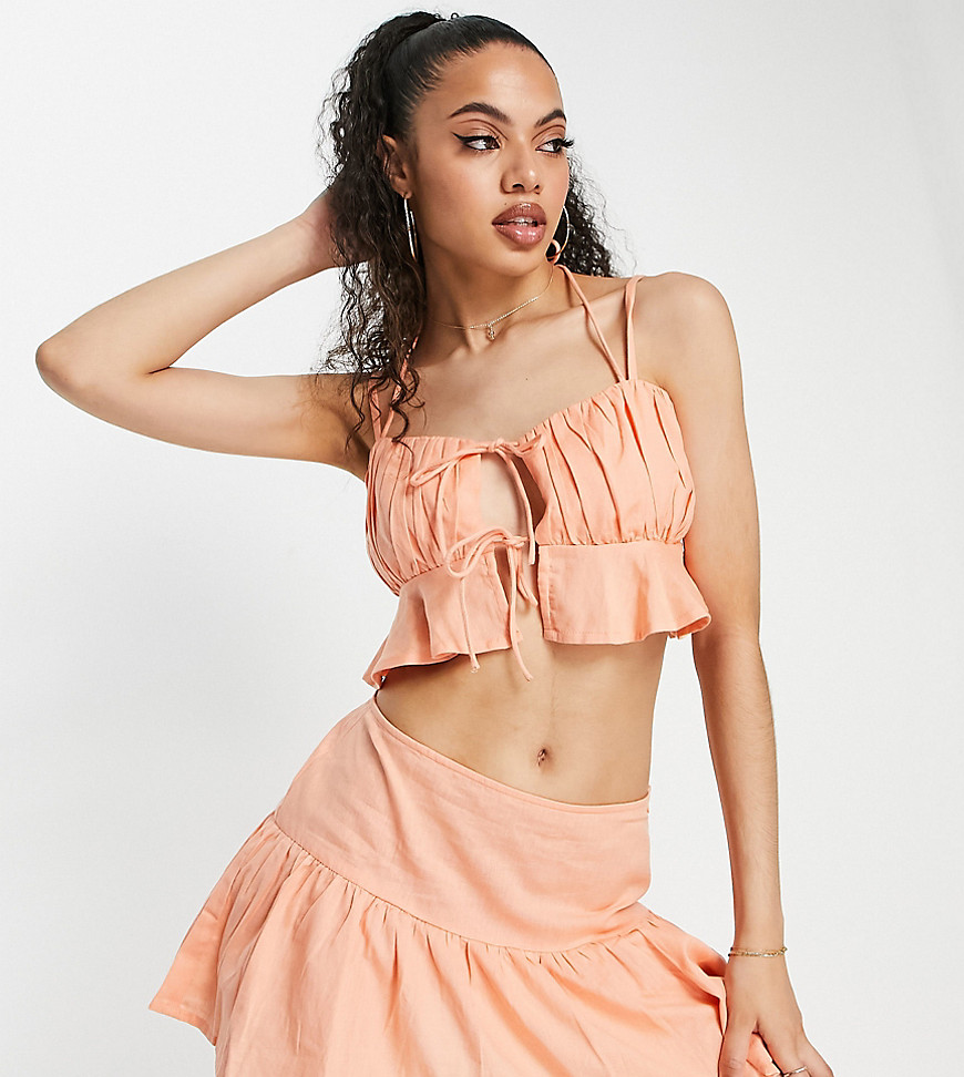 ASYOU gathered bust frill crop top co-ord in peach-Orange