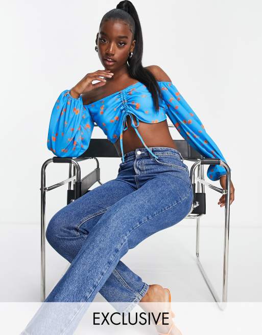 ASYOU – Gerafftes Bardot-Oberteil in Blau mit Blümchenmuster, Kombiteil