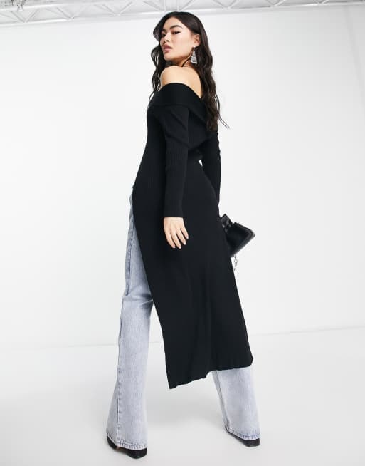 ASYOU - Gilet longueur mollet en maille à fermoirs crochet et encolure Bardot - Noir, 2 de 4