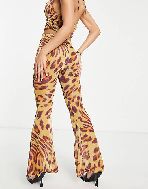 ASYOU glitter mesh flare pants in leopard print - part of a set