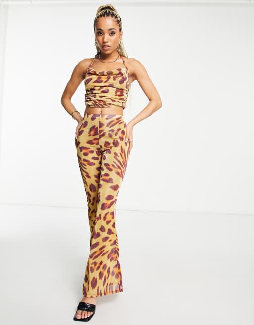 ASYOU glitter mesh flare trousers co-ord in leopard print