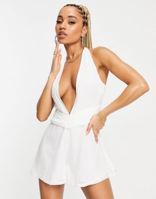 ASYOU plunge halter neck playsuit in white
