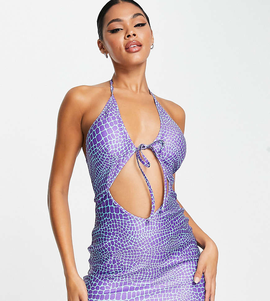 Asyou Halter Neck Cut Out Mini Dress In Purple Croc Print