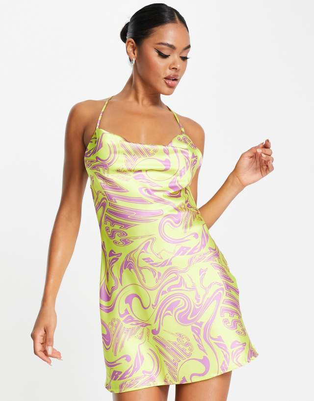 ASYOU halter neck plunge mini sundress in graphic print