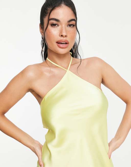 ASYOU halter neck satin slip mini dress in pale yellow