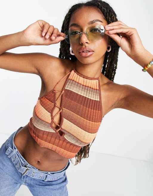 ASYOU halter neck tie up knitted top in stripe | ASOS