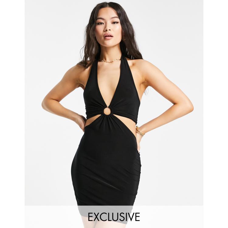 black slinky cut out waist ring detail bodycon dress Strappy Cut Out Gathered Bust Detail Maxi Dress In Black Slinky | EGO US