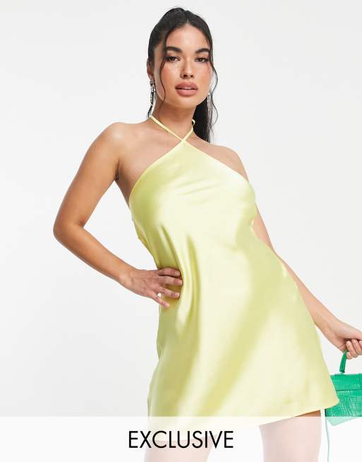 ASYOU halterneck satin slip mini dress in pale yellow