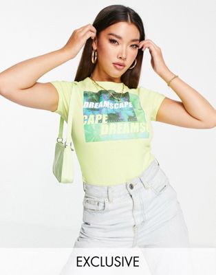 Asyou High Leg Bodysuit With Dreamscape Graphic In Lime-green