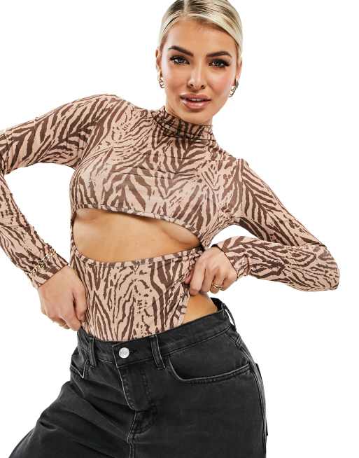 ASYOU high neck cutout thong bodysuit in animal print