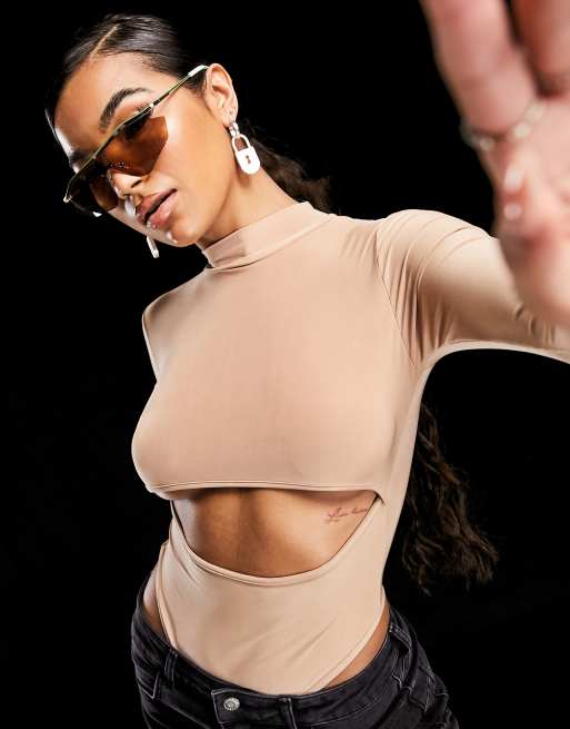 ASYOU high neck cutout thong bodysuit in mocha
