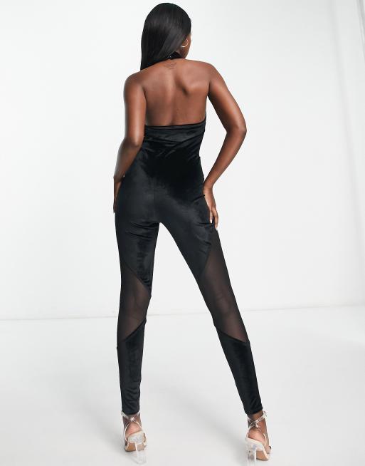 ASYOU high neck velvet mesh insert unitard in black