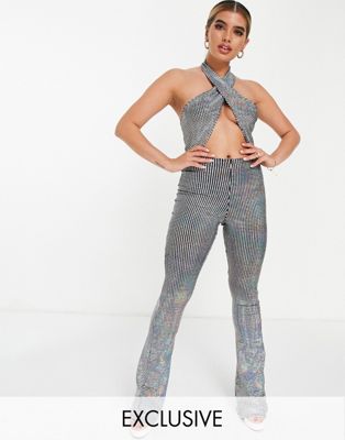 ASYOU holograhic sequin cross front jumpsuit in silver - ASOS Price Checker