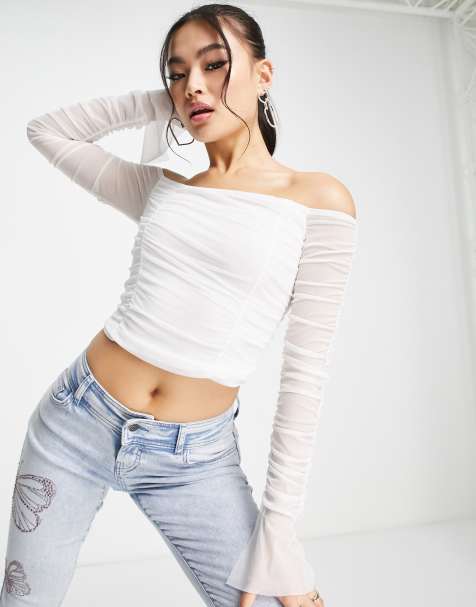 ASYOU - Hvid bardot-top med trompetærmer i mesh - view 1