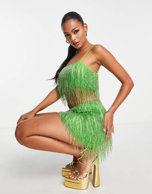 ASYOU ICONICS fringed bead embellished cami top in green - part of a set