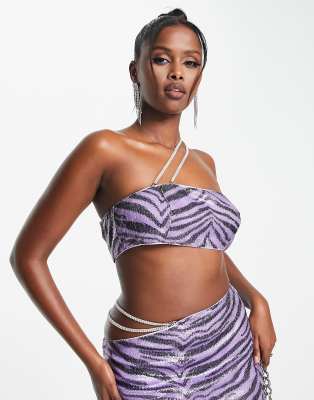 Asyou Iconics Sequin Chain Detail Crop Top In Purple Zebra Print - Part Of A Set-multi