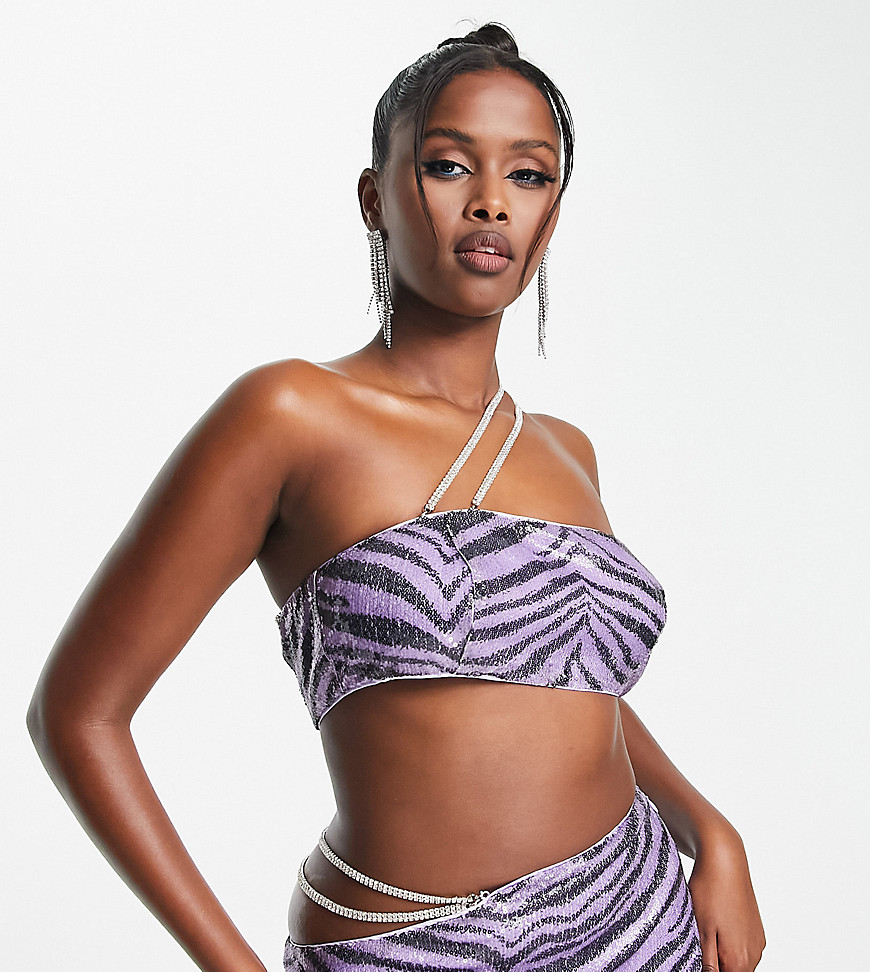 ASYOU ICONICS sequin chain detail crop top in purple zebra print - part of a set-Multi