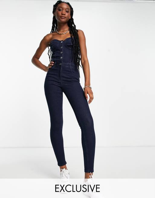 ASYOU – Indigoblå axelbandslös jumpsuit i denim med extra smal passform