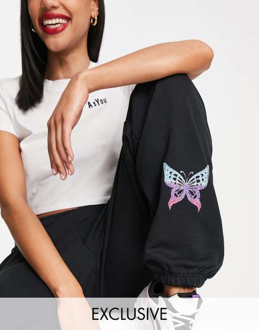 ASYOU jogger with ombre butterfly graphic in black