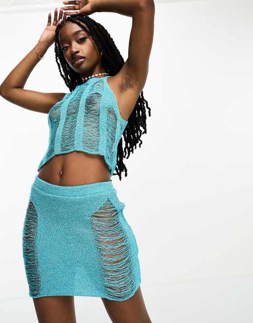 ASYOU Jupe d ensemble en maille chelle Turquoise m tallis