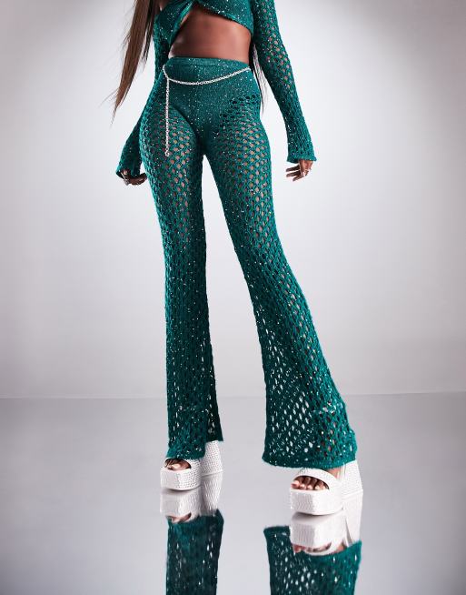 ASYOU knit crochet sequin flare pants in emerald green - part of a set