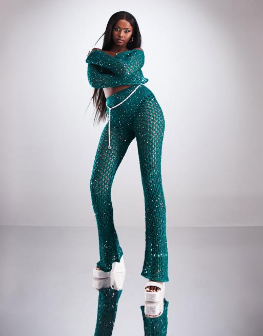 ASYOU knit crochet sequin flare pants in emerald green - part of a set