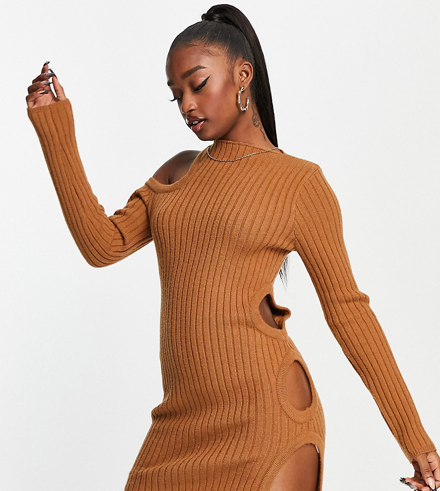 Asyou Knit Cut Out Long-sleeved Mini Dress In Chocolate-brown