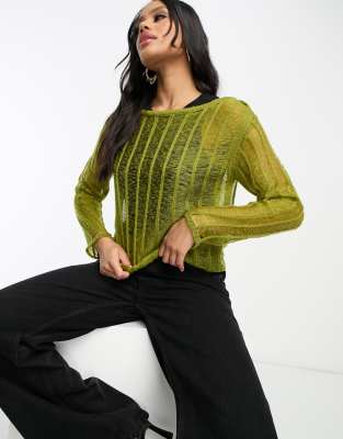 ASYOU knit fluffy ladder sweater in green-Blue