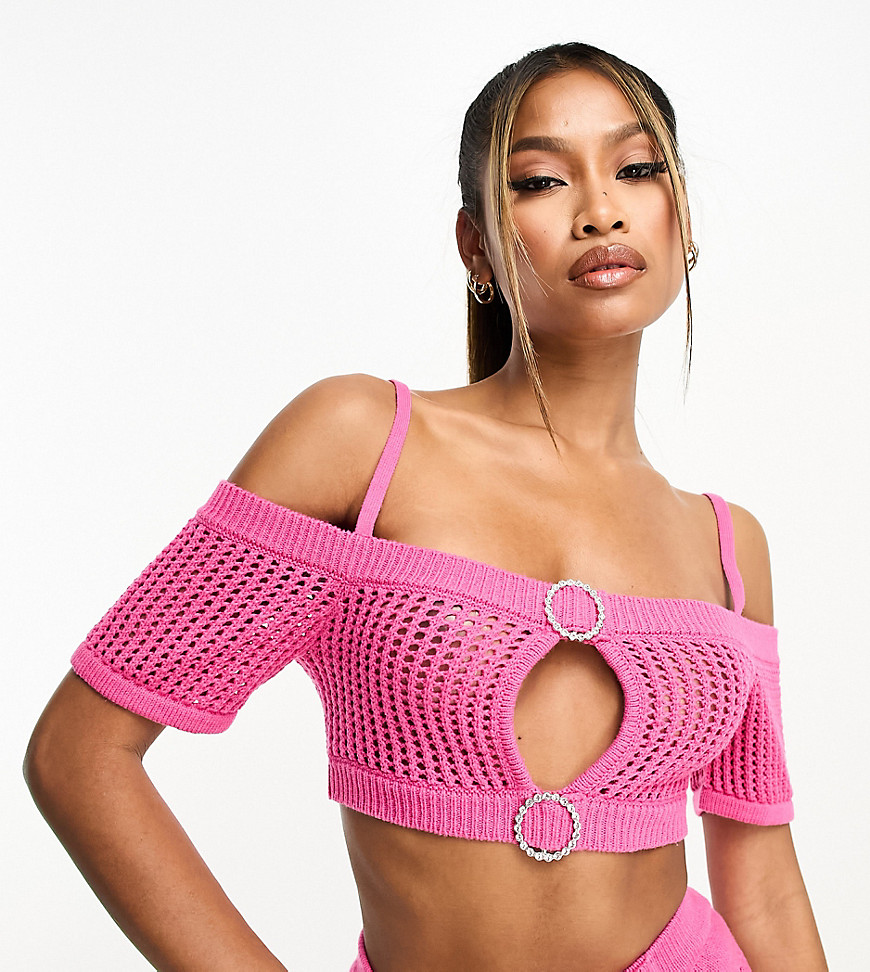 Asyou Knit Off The Shoulder Crochet Bralet With Diamante Trim In Pink Set