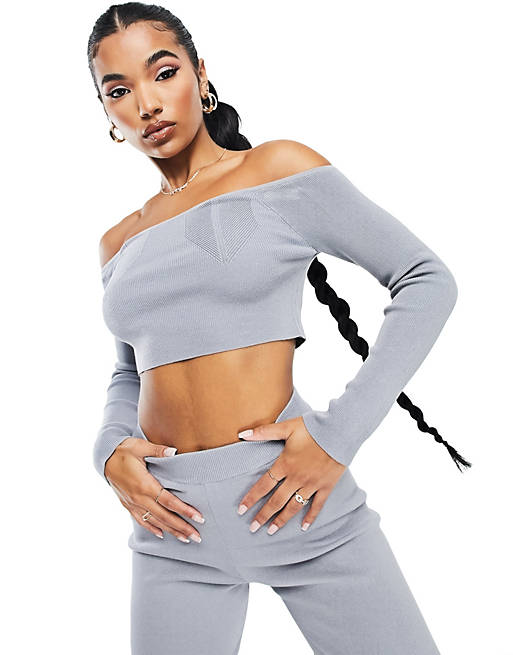 ASYOU knitted bardot crop top co-ord in grey