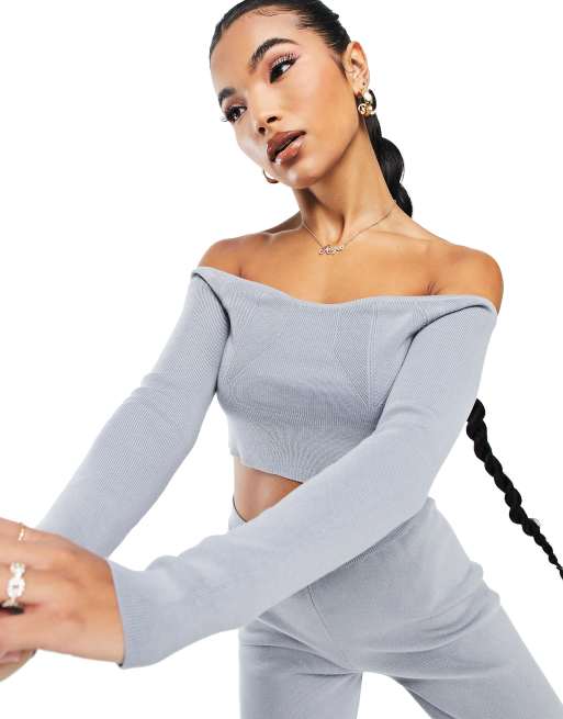 ASYOU knitted bardot crop top co-ord in grey, 3 of 4
